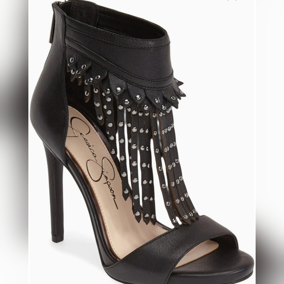 Jessica Simpson Reiko Studded Fringe Platform Heels Sandal Leather Black Sz 8.5 - Picture 4 of 13